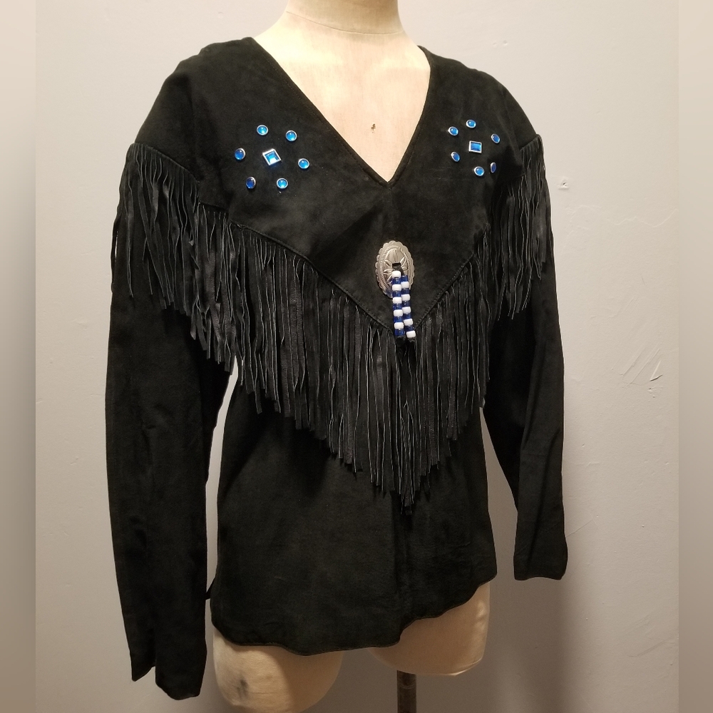 VINTAGE LEATHER JACKET PULLOVER WINDBREAKER SUEDE UNISEX FESTIVAL FRINGE HIPPIE - Picture 2 of 7